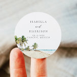 Adesivo Redondo CANCUN Watercolor Beach Palm Tree Destination<br><div class="desc">A Coleção de Cancún apresenta uma pintura aquosa de praias arenosas e palmeiras tropicais com uma simples combinação de fontes modernas. Edite os nomes do seu casamento para adicionar um toque especial.</div>