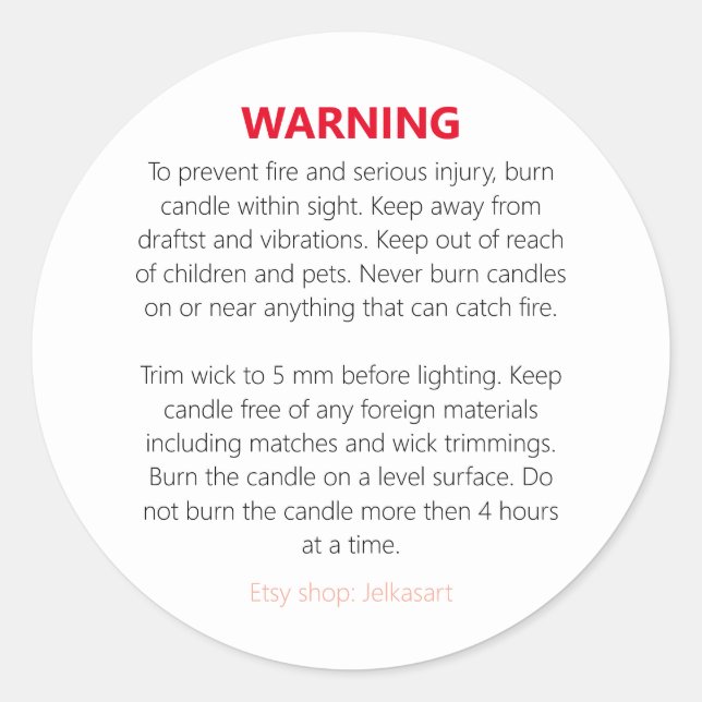Adesivo Redondo Candle warning label (Frente)