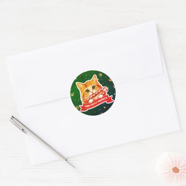 Adesivo Redondo Candy Cane Cat Sticker – Cute Mischievous  (Envelope)