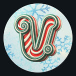Adesivo Redondo Candy Cane Christmas "V" Sticker, Stripes Festivas<br><div class="desc">Adicione um toque festivo aos seus presentes de férias e decoração com estes adesivos redondos com a letra "V" num design de cana doce alegre. Perfeito para personalizar presentes, cartas e favoritos para festas! Personalize esta design com um monograma, nome ou foto. © Copyright 2024 P.D., Padrões e pinturas de...</div>