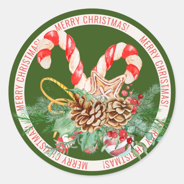 Adesivo Redondo Candy Cane Merry Christmas Round Sticker (Frente)