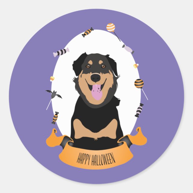 Adesivo Redondo Candy Portrait Rottweiler Cachorro Laranja Roxo (Frente)