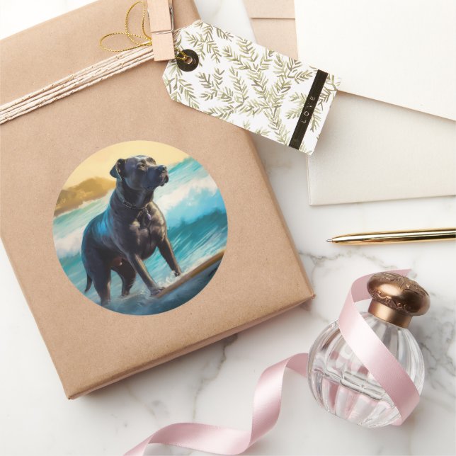 Adesivo Redondo Cane Corso Beach Surfing Painting (Presentear)