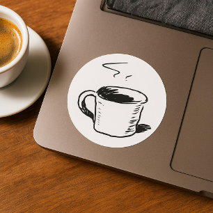 Adesivo Redondo Caneca de Café Desenhada à Mão Esboço Minimalista