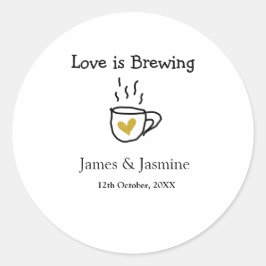 Adesivo Redondo Caneca de café Love is Brewing coração dourado nom