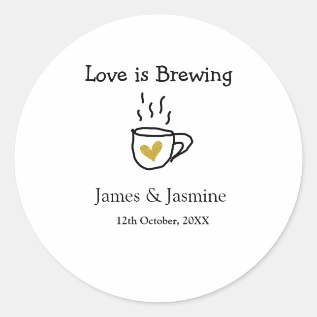 Adesivo Redondo Caneca de café Love is Brewing coração dourado nom (Frente)