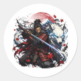 Adesivo Redondo Caneca Samurai e Lobo Branco | Fantasia de Guerrei