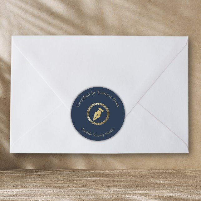 Adesivo Redondo Caneta Notícia Dourada Azul Moderno Certificado po (Criador carregado)