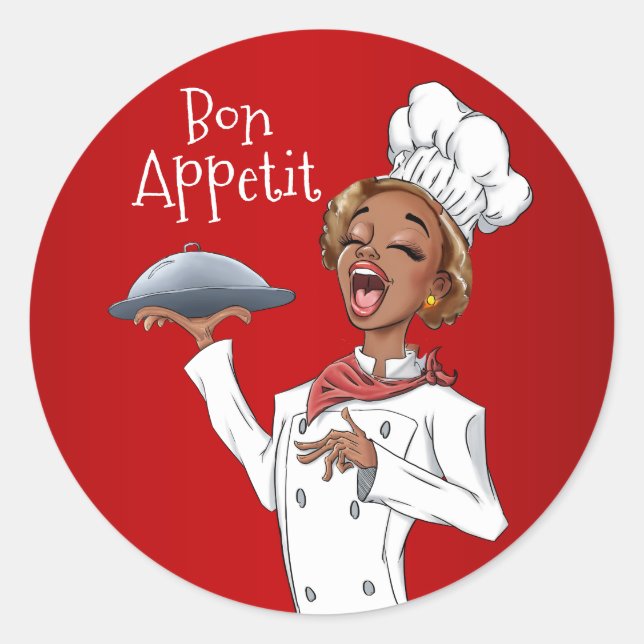 Adesivo Redondo Cantando Mulher-Chef em Fundo Vermelho (Frente)