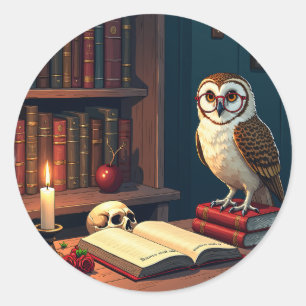 Adesivo Redondo Cantinho de Leitura Dark Academia Coruja Óculos Vi