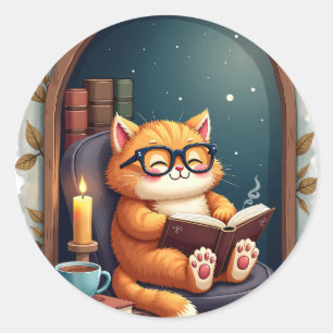Adesivo Redondo Canto de Leitura de Gatos da Dark Academia Livros 