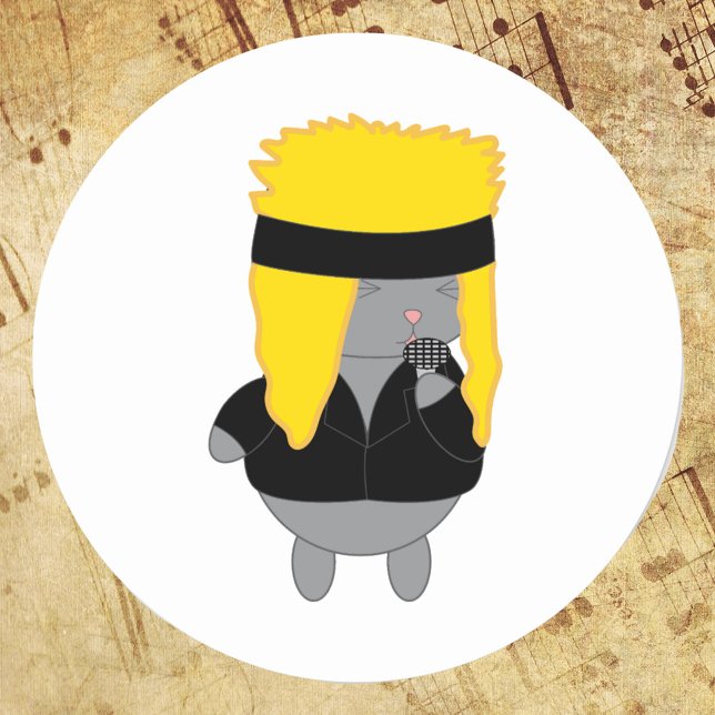 Adesivo Redondo Cantor de Bandas de metal do Cat Kawaii (A cute sticker with a kawaii style cat dressed up as a member of a 1980s hair band)