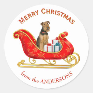 Adesivo Redondo Cão Airedale Terrier no Trenó de Natal