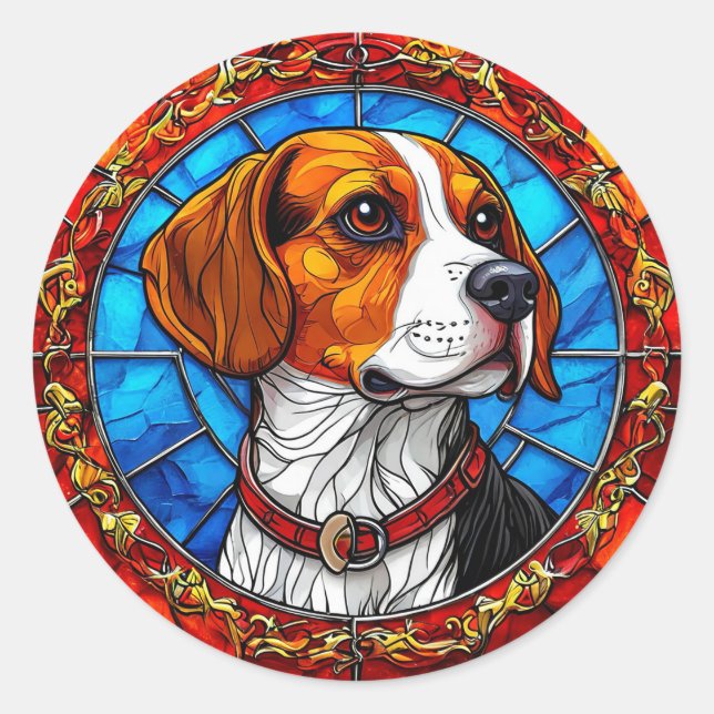 Adesivo Redondo Cão-Beagle na Arte Vibrante de Vidro (Frente)