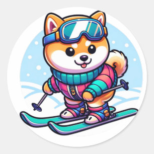 Adesivo Redondo Cão bonito esquiando Shiba no inverno