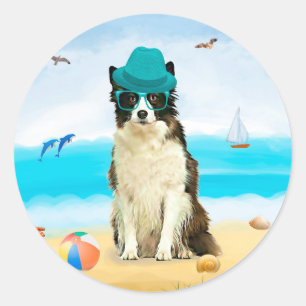 Adesivo Redondo Cão Border Collie na Praia