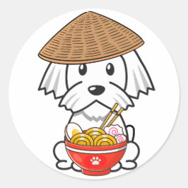 Adesivo Redondo Cão branco engraçado está comendo macarrão