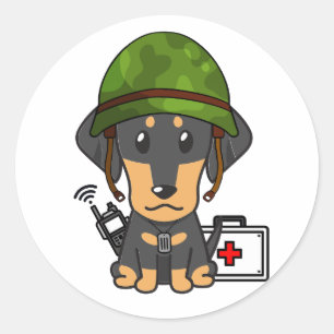 Adesivo Redondo Cão Cachshund Vestido capacete do exército