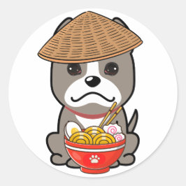 Adesivo Redondo Cão-cinza engraçado está comendo macarrão