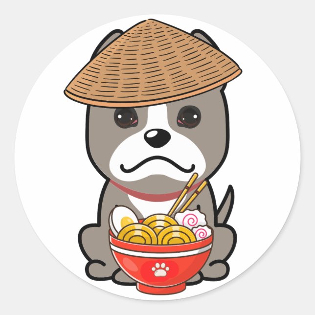 Adesivo Redondo Cão-cinza engraçado está comendo macarrão (Frente)