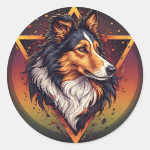Adesivo Redondo Cão Collie com Fundo Geométrico Vibrante