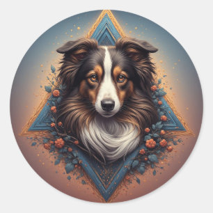 Adesivo Redondo Cão Collie com Fundo Geométrico Vibrante