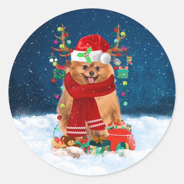 Adesivo Redondo Cão da Pomerânia com presentes de Natal (Frente)