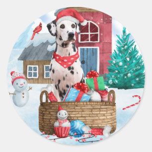 Adesivo Redondo Cão Dálmata na Casa de Natal na Neve