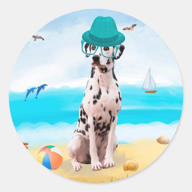 Adesivo Redondo Cão Dalmata na Praia (Frente)