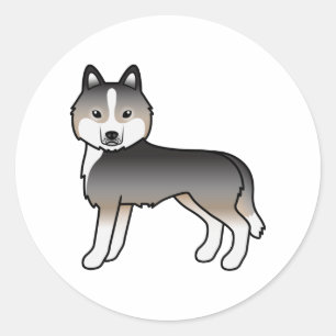 Adesivo Redondo Cão de Cartoon de Cinza de Lobo-Luz Siberiano Husk