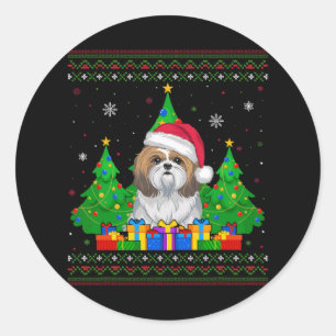 Adesivo Redondo Cão de Natal Santa Hat Shih Tzu, um suor feio