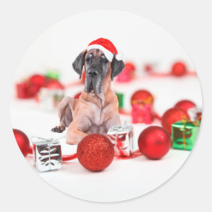 Adesivo Redondo Cão Dogue Alemão com Enfeites de Natal Presentes