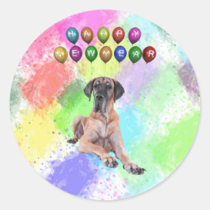 Adesivo Redondo Cão Dogue Alemão Desejando Feliz Ano Novo