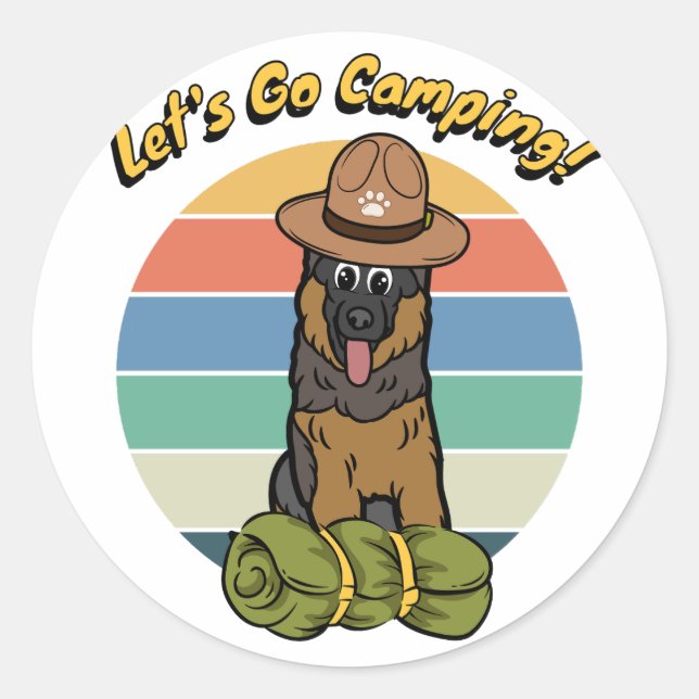 Adesivo Redondo Cão guarda engraçado quer ir acampar (Frente)