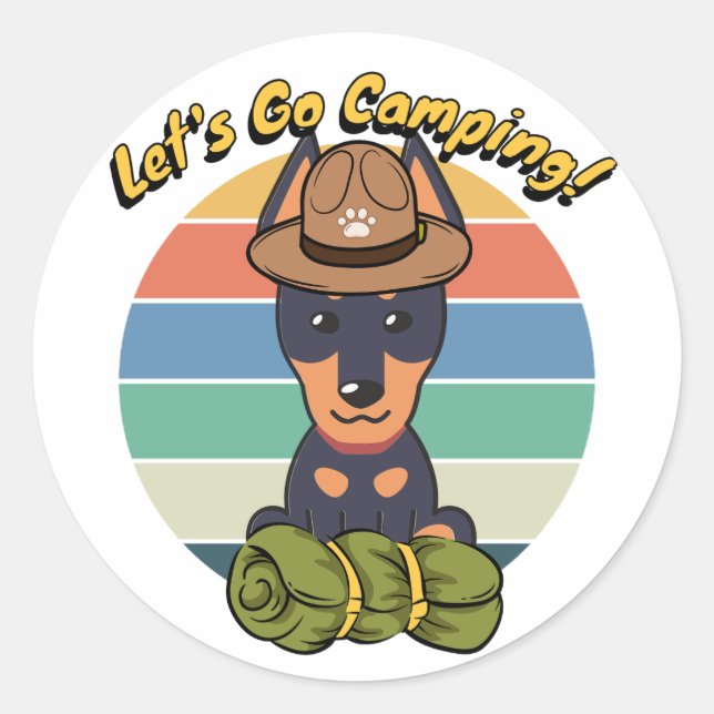 Adesivo Redondo Cão Guarda engraçado quer ir acampar (Frente)