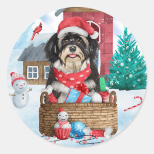 Adesivo Redondo Cão Havanês na Casa de Natal na Neve
