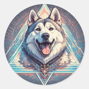 Adesivo Redondo Cão Husky Com Formas Geométricas