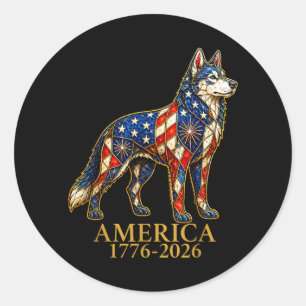 Adesivo Redondo Cão Husky Siberiano Patriótico América 1776-2026