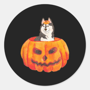 Adesivo Redondo Cão Husky Siberiano Preto Feliz Halloween Abóbora