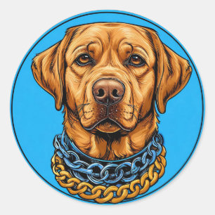 Adesivo Redondo Cão Labrador em um fundo azul com correntes