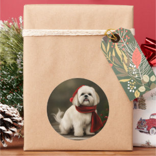 Adesivo Redondo Cão Lhasa Apso na Neve Natal