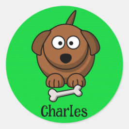 Adesivo Redondo Cão-marrom com osso personalizado em verde
