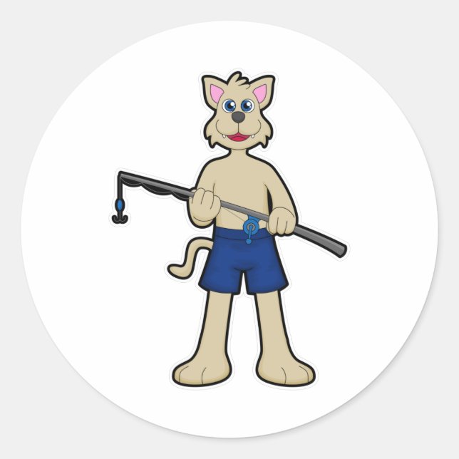 Adesivo Redondo Cão na pesca com vara de pesca e peixe (Frente)