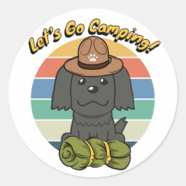 Adesivo Redondo Cão negro engraçado quer ir acampar