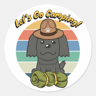 Adesivo Redondo Cão negro engraçado quer ir acampar