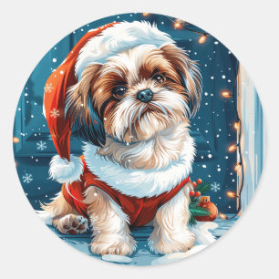 Adesivo Redondo Cão Papais noeis Shih Tzu de Natal