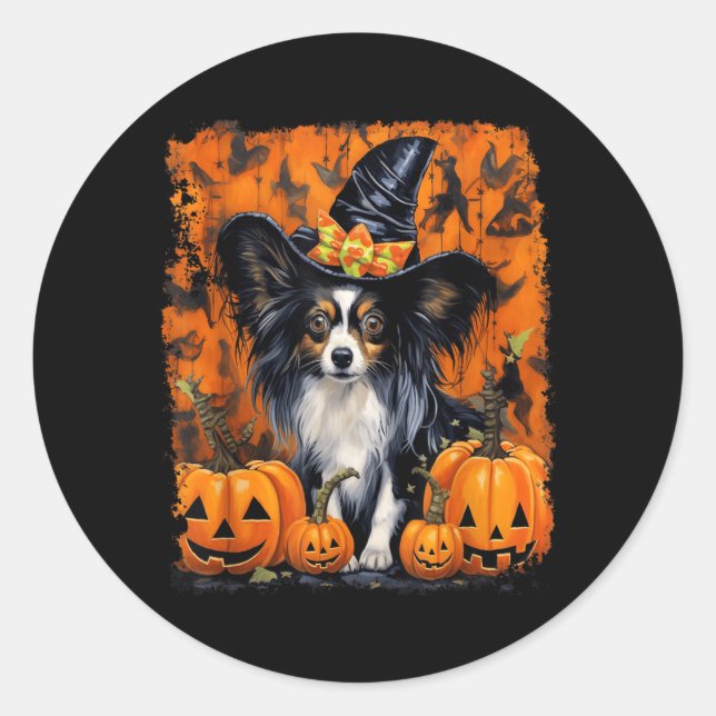 Adesivo Redondo Cão Papillon Halloween (Frente)