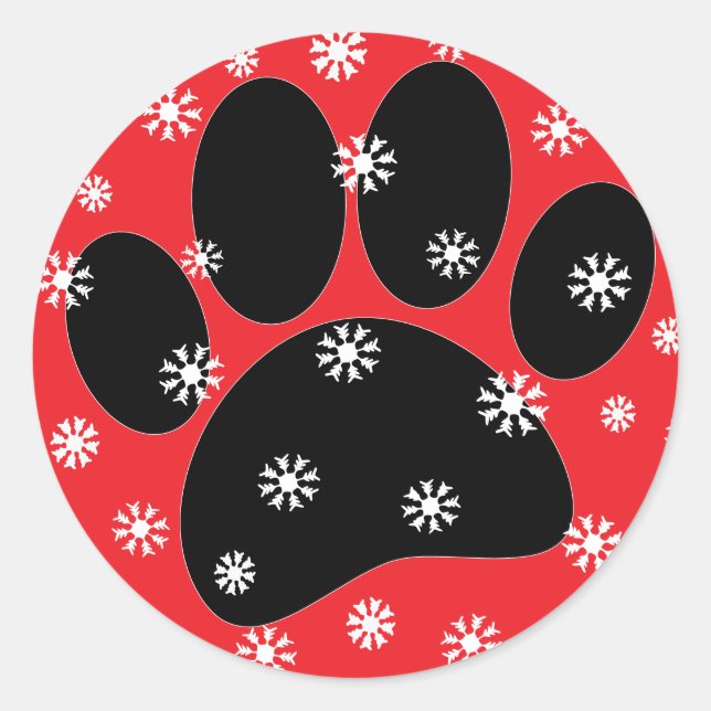 Adesivo Redondo Cão Pawprint Natal Flocos de Neve Personalizados (Frente)