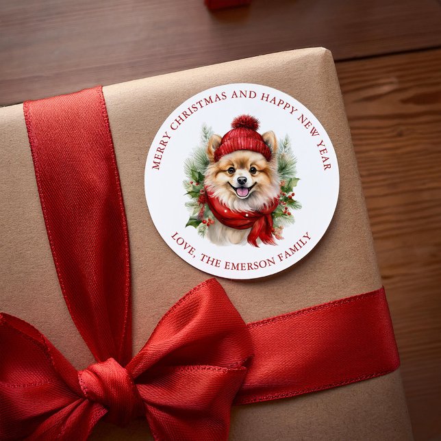 Adesivo Redondo Cão Pomerano de Natal com Aquarela (Criador carregado)