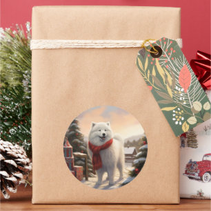 Adesivo Redondo Cão Samoyed na Neve Natal